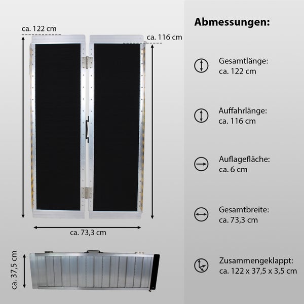TRUTZHOLM Rollstuhlrampe klappbar 122 cm Traglast 272 kg Alu grau schwarz beschichtet Auffahrrampe