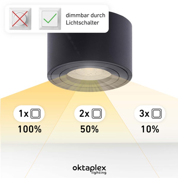 Aufbauspot Lile Schwarz 6 Stück 3-stufig dimmbar LED Modul 3000K warmweiß 4,8W 80x50mm Schwenkbar für Aufputz Montage