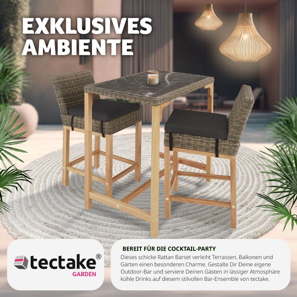 Rattan Tisch Kutina mit 2 Stühlen Latina tectake  Beine aus Holz mit Aluminiumgestellen natur