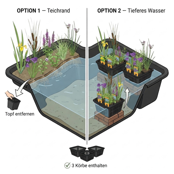 Illustration zeigt Pflanzmöglichkeiten für Teichpflanzen am Teichrand ohne Topf oder in tieferem Wasser mit drei enthaltenen Pflanzkörben.