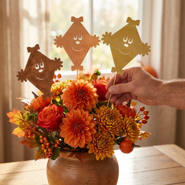 Herbstliches Blumenbouquet im Tontopf mit dekorativen Holzsteckern in Drachenform mit lächelnden Gesichtern.