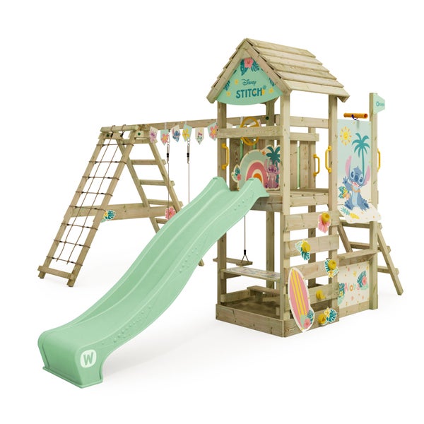 WICKEY Spielturm Disney Stitch Story mit Rutsche, Kletteranbau und Doppelschaukel