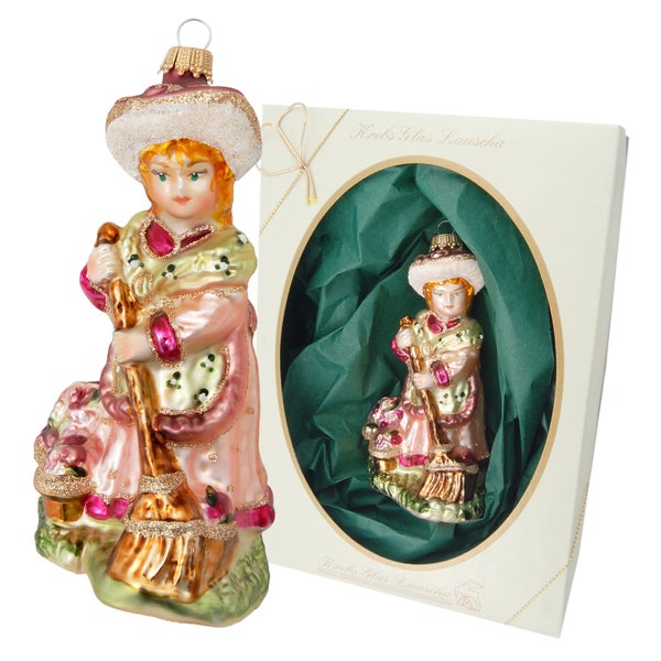 Multicolor 13cm Biedermeier, Mädchen mit Besen 13cm, mehrfarbiges Dekor, Glasornament, mundgeblasen und handdekoriert, 1 Stck., Weihnachtsbaumkugeln, Christbaumschmuck, Weihnachtsbaumanhänger