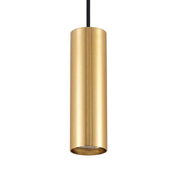 Zylindrische Pendelleuchte aus goldfarbenem Metall mit schwarzem Kabel.