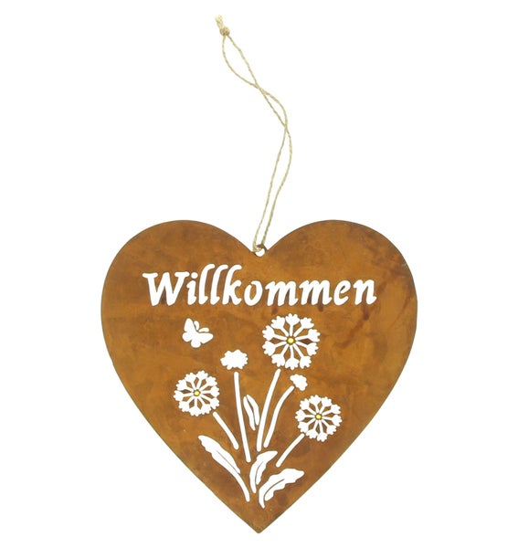 FRANK FLECHTWAREN | Herzhänger Willkommen, METALL, SISAL, 20 x 34 cm