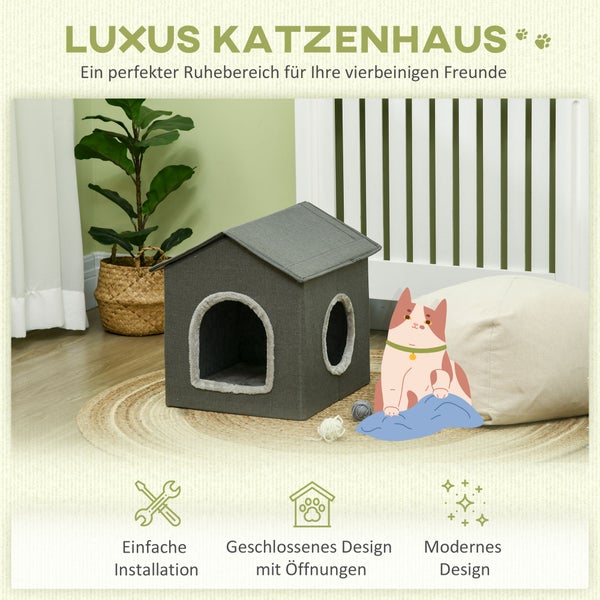 Graues Katzenhaus mit zwei Öffnungen als Schlafplatz