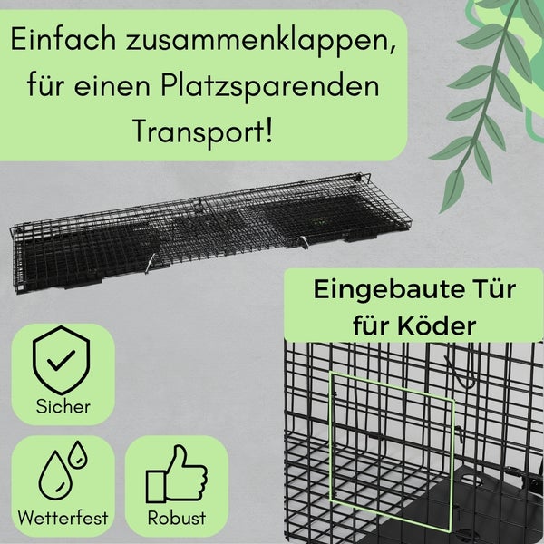 Drahtfalle mit integrierter Ködertür, sicher, wetterfest und robust.