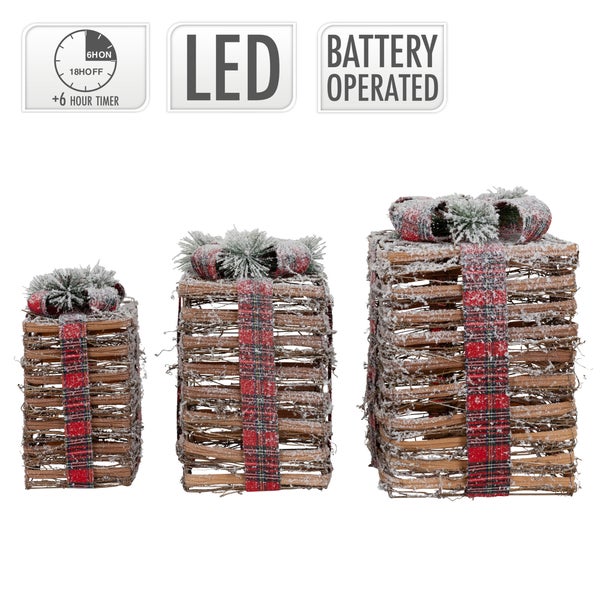 ECD Germany 3er Set LED Geschenkboxen, Braun, Rattan geschneit, batteriebetrieben mit Timer, Weihnachtsdeko Weihnachten Geschenk Beleuchtet Weihnachtsbaum Dekoration Weihnachtsgeschenkbox Leuchtkästen