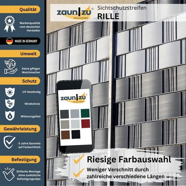 Zaun zu Sichtschutzstreifen Rille mit Informationen zu Qualität, Umwelt, Schutz, Gewährleistung, Befestigung und Farbauswahl.