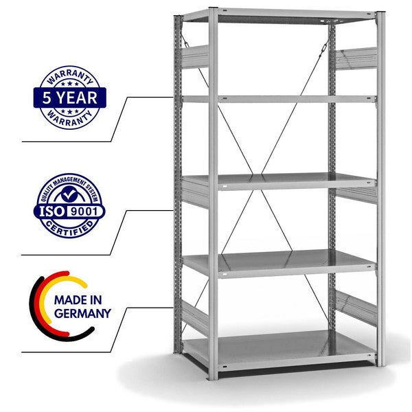 PROREGAL Fachbodenregal Stecksystem T-Profil Heavy-Duty Grundregal HxBxT 200 x 100 x 60 cm 5 Ebenen Fachlast 330 kg Einseitig Nutzbar Verzinkt