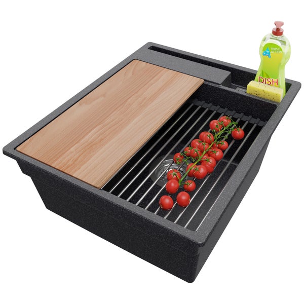 PRIMAGRAN Spülbecken Anthrazit 43x53cm, Granitspüle 1 Becken + Ablauf-Set + Küchenzubehörset, Küchenspüle ab 45er Unterschrank - Oslo Pocket