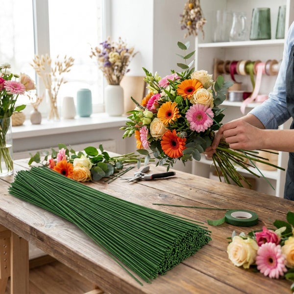 Ein Bündel grüner Blumendrahtstäbe liegt auf einem Holztisch neben einer Floristin, die einen Blumenstrauß bindet.