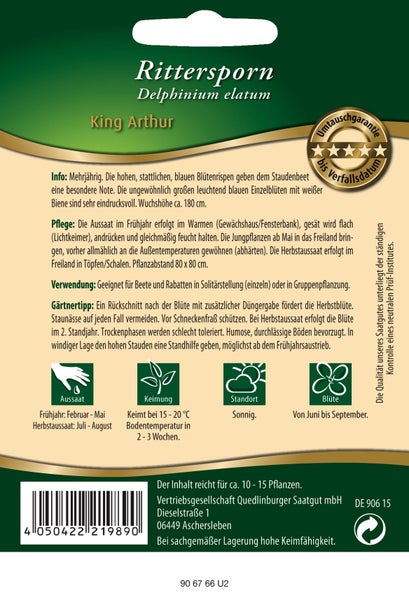 Rückseite der Samentüte für Rittersporn King Arthur mit Aussaat- und Pflegehinweisen, sonnigem Standort und Blütezeit von Juni bis September.