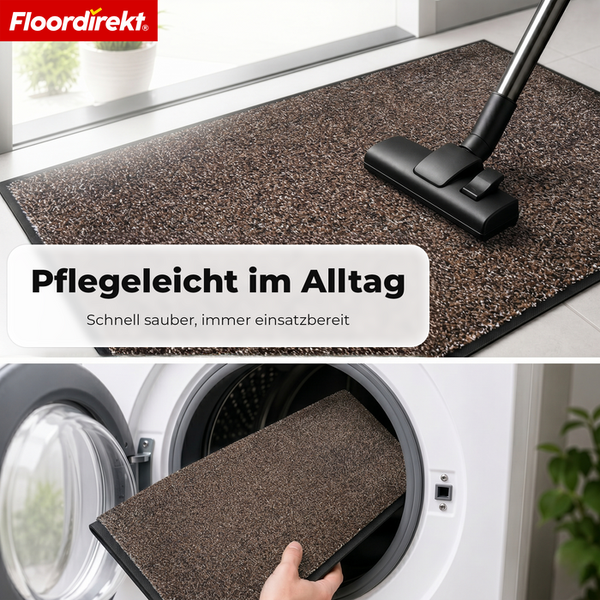 Floordirekt Logo, pflegeleichte Schmutzfangmatte beim Staubsaugen und beim Beladen in die Waschmaschine.