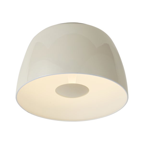 Moderne, kuppelförmige Deckenleuchte in glänzendem Off-White mit warmem Lichtschein von innen.