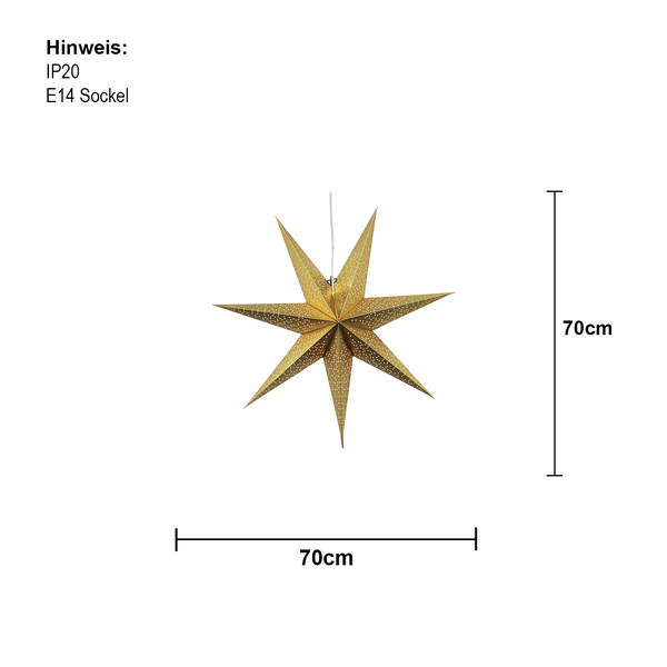 Goldener Papierstern mit E14 Fassung und Schutzart IP20, Größe 70 cm