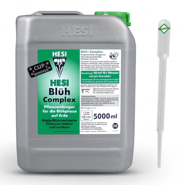 HESI Blüh Complex Pflanzendünger für die Blühphase auf Erde in einem 5 Liter Kanister inklusive Weedness Pipette.