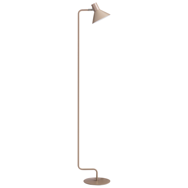 Schlanke Stehlampe aus beigem Metall, minimalistische Leseleuchte mit rundem Standfuß.