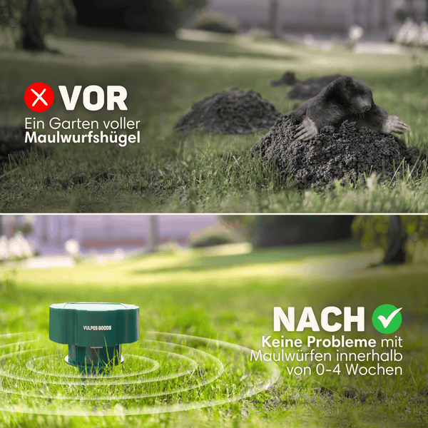 Vulpes Goods Maulwurfabwehr - Ultraschall Maulwurfschreck - Maulwurfvertreiber - Flexible Verwendung durch Solarmodul - 4 Stück