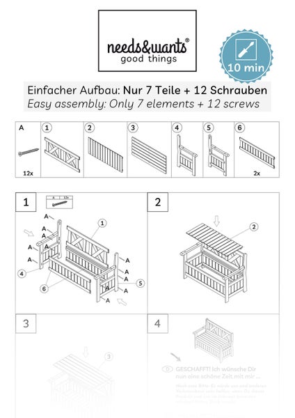 needs&wants® Gartenbank Holz wetterfest mit Stauraum und Abdeckung, 2-Sitzer Truhenbank Holzbank klassisch, Parkbank Sitzbank massiv Garten Outdoor mit Truhe, Naturholz Massivholz, grau-beige