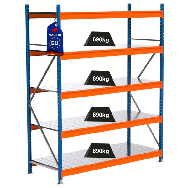 Schwerlastregal mit vier Ebenen und einer Traglast von 690 Kilogramm pro Ebene.