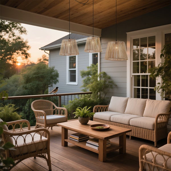 Überdachte Terrasse mit Flechtmöbeln, Holztisch und drei Rattan-Pendelleuchten über einem gemütlichen Loungebereich bei Sonnenuntergang.