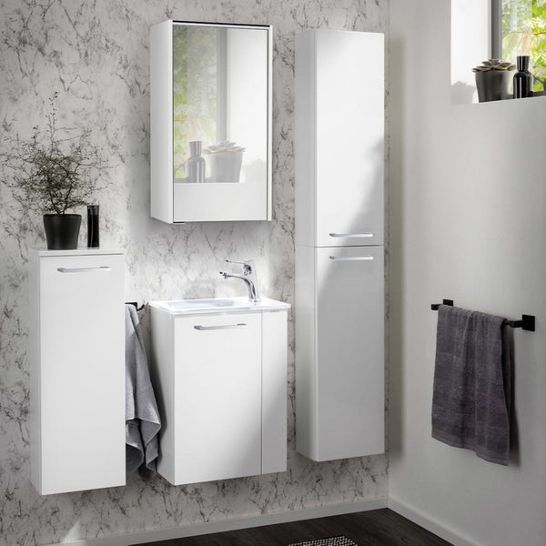 Fackelmann SCENO Gäste-WC Set 2 Teile – Waschtischunterschrank in Weiß mit Waschbecken aus Glas in Weiß – SBC Waschbeckenunterschrank schmal – Türanschlag links – 45 cm breit