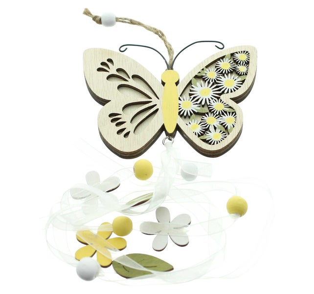 FRANK FLECHTWAREN | Hänger Schmetterling, 4er Set, HOLZ, ORGANZA, METALL, JUTE, 10,5 x 0,5 x 50 cm