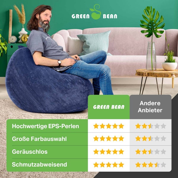 Green Bean Indoor Sitzsack 90x110cm EPS-Perlen Füllung & Cordstoff Kuschelig Weich Waschbar - Drinnen Bodenkissen Liegekissen Sitzkissen Sitzhocker Relax-Sessel Kinder Erwachsene Stoff Dunkelblau