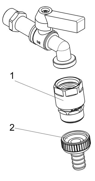 Technische Zeichnung eines Auslaufhahns einhalb Zoll mit Schlauchanschluss Nummer eins und Schlauchverschraubung Nummer zwei.