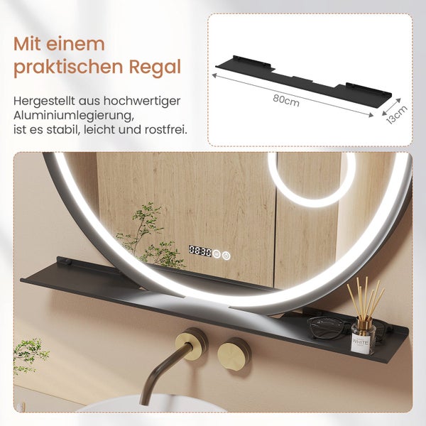 Runder LED Badezimmerspiegel mit integriertem Aluminiumregal und Digitalanzeige an einem Waschbecken.