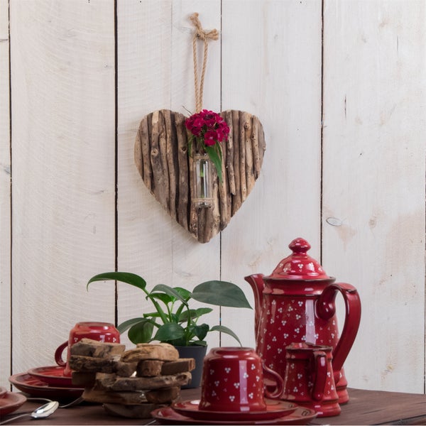 Wandvase Flor Treibholz, Herzform, mit Reagenzglas naturfarben