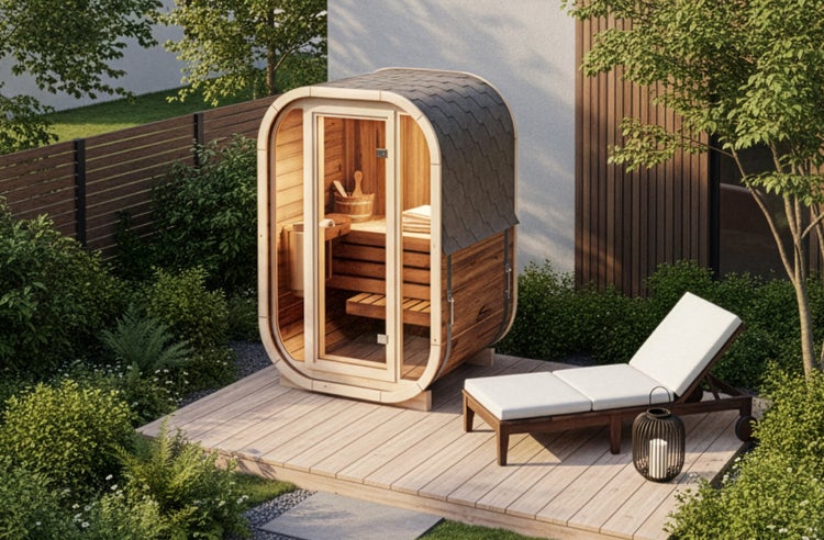 Kompakte Fasssauna aus Holz mit Glasfront auf einer Holzterrasse im Garten, neben einer Sonnenliege mit weißen Polstern und einer Laterne.