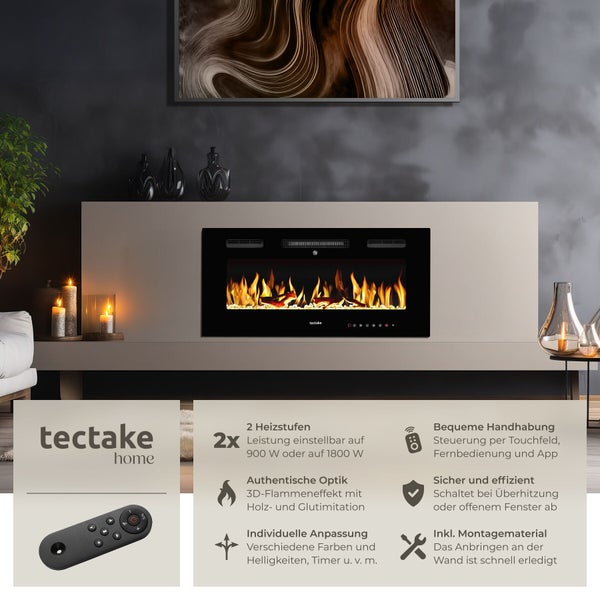 Elektrischer Kamin mit Flammenoptik in Wohnzimmerumgebung mit Tectake Home Logo und Produktvorteilen