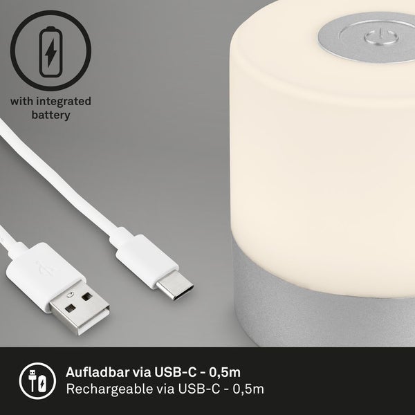LED-Leuchte mit integriertem Akku, aufladbar über ein 0,5 Meter langes USB-C-Kabel.