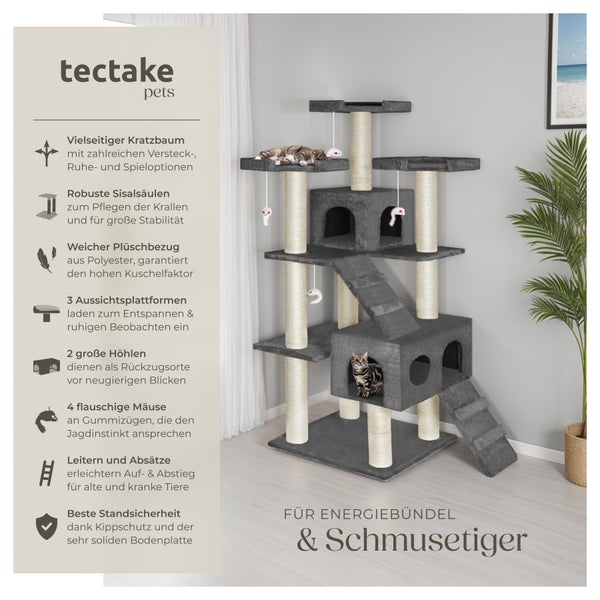 Kratzbaum tectake Knuti inklusive 2 Treppen, 4 Spielmäusen und Kippschutz 186 cm anthrazit