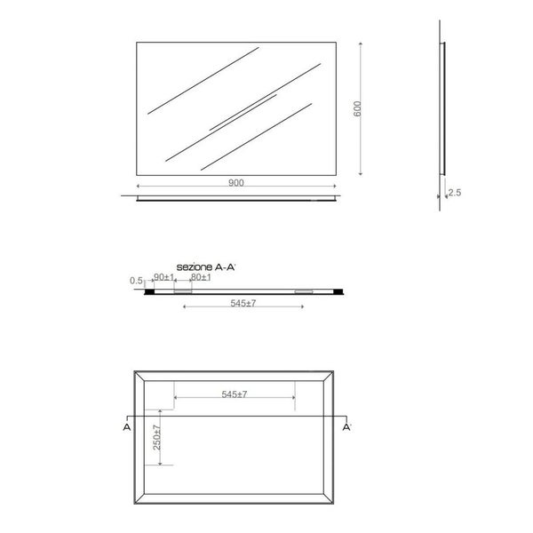 Technische Zeichnung eines Spiegels mit Maßangaben.