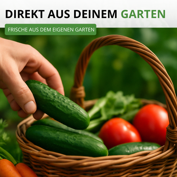 Eine Hand legt eine frische Gurke in einen Weidenkorb mit Tomaten und Gemüse. Text: Frische aus dem eigenen Garten.