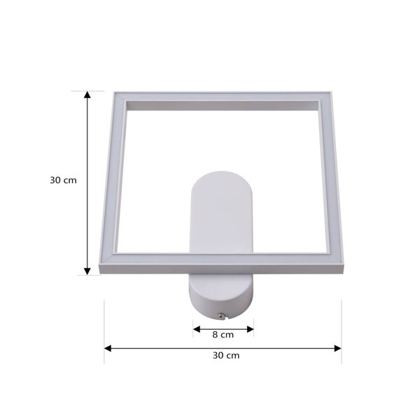Moderne quadratische LED-Wandleuchte mit weißem Rahmen und ovaler Halterung. Maße: 30 Zentimeter mal 30 Zentimeter, Basis 8 Zentimeter breit.