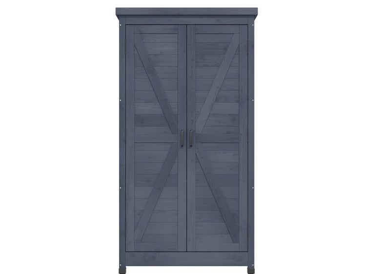 Gartenschrank aus Holz mit zwei Türen und X-Verstrebungen.