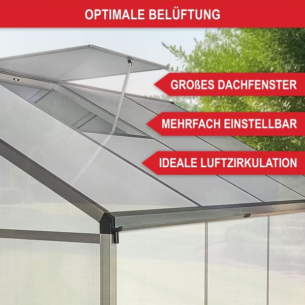 Gewächshaus mit geöffnetem, mehrfach einstellbarem Dachfenster für optimale Belüftung und Luftzirkulation.