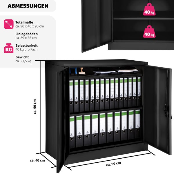 Aktenschrank tectake  90 x 40 x 90 cm aus pulverbeschichtetem Stahl schwarz