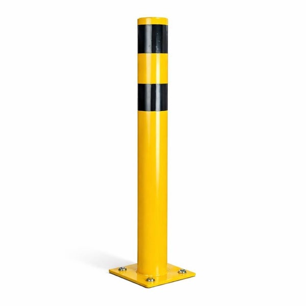 Gelber Rammschutzpoller aus Stahl mit schwarzen Streifen und Bodenplatte zum Aufschrauben.