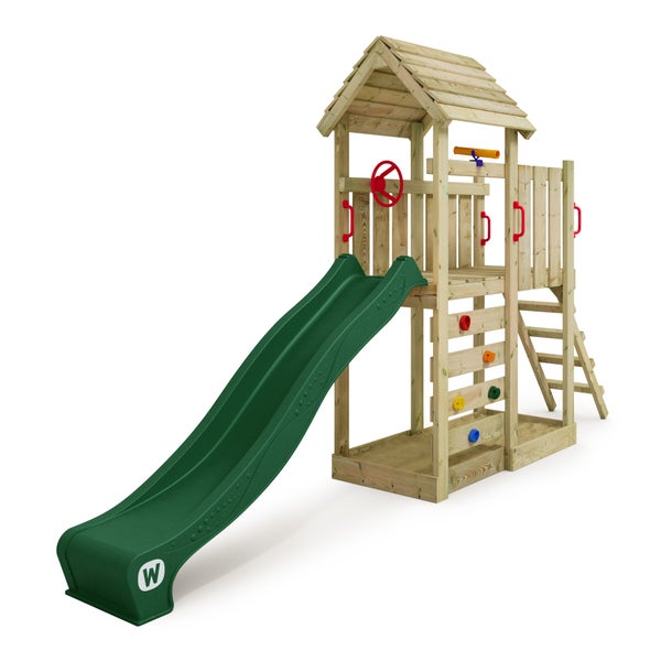 WICKEY Spielturm Klettergerüst JoyFlyer mit Rutsche, Kletterturm mit Sandkasten, Leiter und Spiel-Zubehör - grün