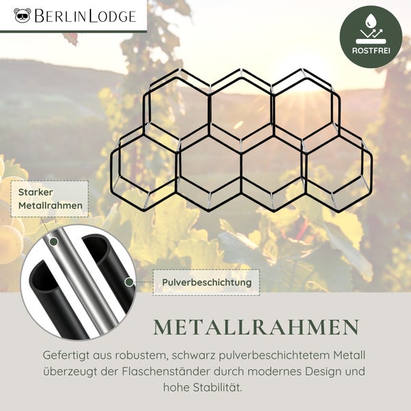 Flaschenregal aus Metall in Wabenform mit Details zum robusten, pulverbeschichteten Metallrahmen und Berlin Lodge Logo.