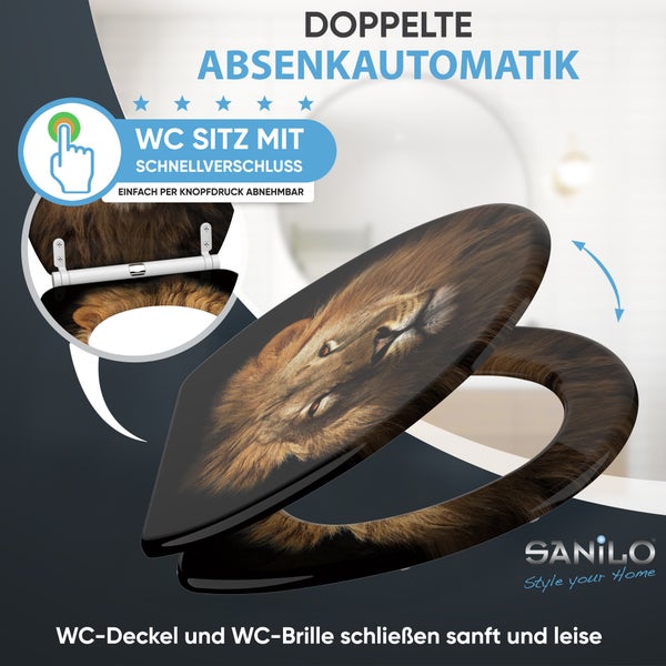 Sanilo WC-Sitz mit Löwen-Motiv, doppelter Absenkautomatik und Schnellverschluss. Deckel und Sitz schließen sanft und leise.