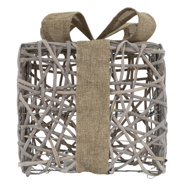 ECD Germany 3er Set LED Geschenkboxen Weihnachten mit Schleifen, Rattan, Braun-Grau, Warmweiß, batteriebetrieben, Timer, Weihnachtsdeko Geschenk Beleuchtet Weihnachtsbaum Dekoration Weihnachtsgeschenk