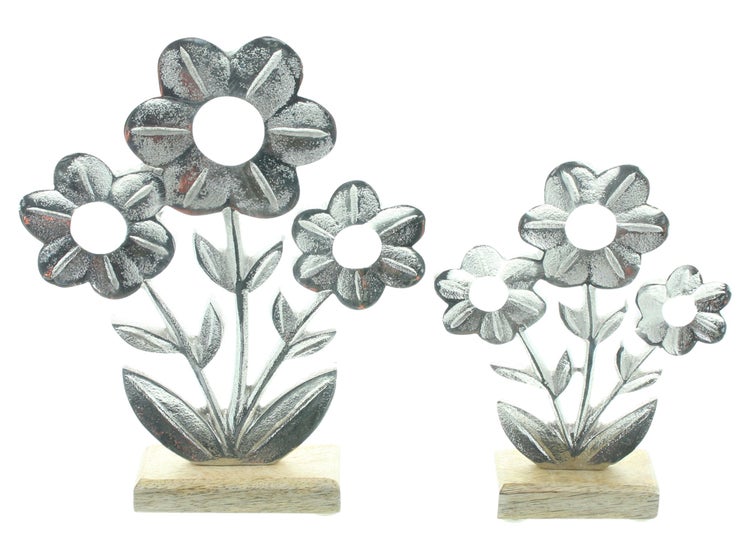 FRANK FLECHTWAREN | Blume Silber , 2er Set, ALUMINIUM, HOLZ, 12,5 x 3,5  x 16,5 cm, 17 x 3,5 x 22 cm