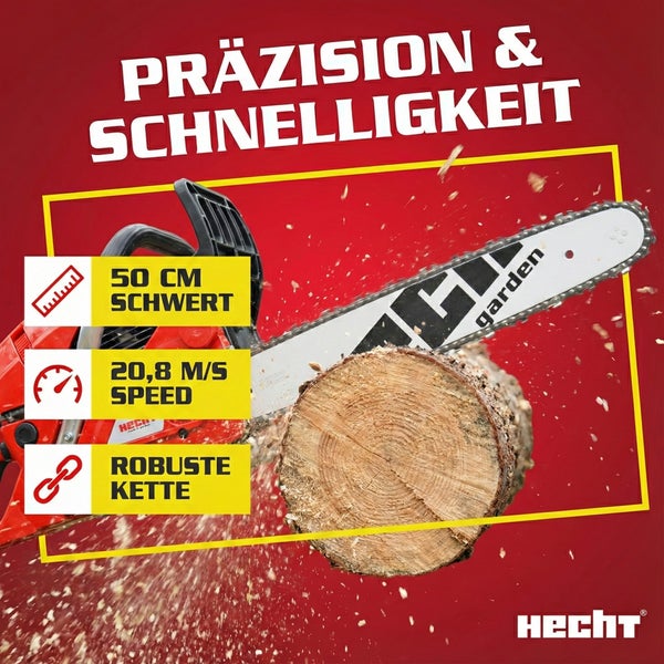 Kettensäge beim Sägen eines Baumstamms, mit Hinweisen zu 50 Zentimeter Schwertlänge, 20,8 Meter pro Sekunde Geschwindigkeit und robuster Kette