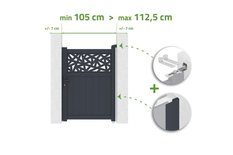 Aluminium Gartentor, Breite verstellbar von 105 bis 112,5 Zentimeter, mit Details zum Montagematerial und der Befestigung.